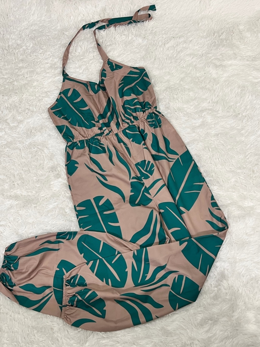 Neutral & Teal Tropical Print Jumpsuit
